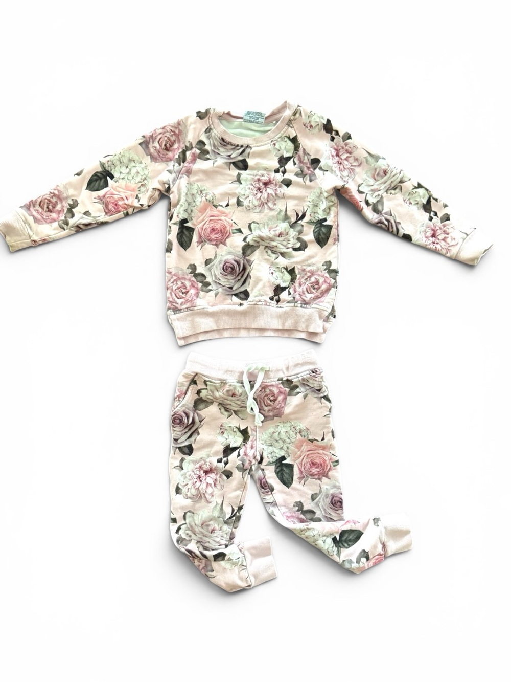 Bums & Roses Girl’s 2T Bamboo Floral Jogger Set Pink Rose Sweatshirt & Pants EUC